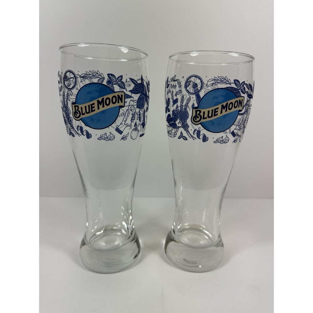 Blue Moon 20 oz Glasses Tallboy Pilsner Beer 9" Salute Cheers Set 2/Pair